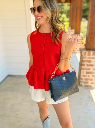 Red Statement Button Peplum Top
