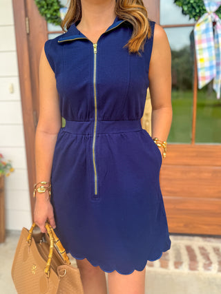 Navy On the Move Scallop Zip Mini Dress