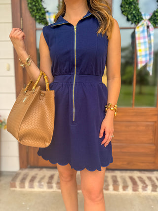 Navy On the Move Scallop Zip Mini Dress