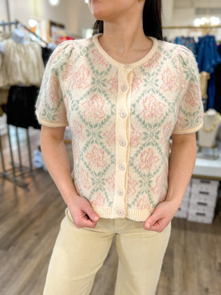 Cream Mint Subtle Floral Button-Up Short Sleeve Sweater