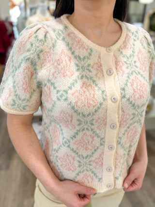 Cream Mint Subtle Floral Button-Up Short Sleeve Sweater
