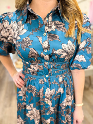Teal Blue Satin Moonflower Button Front Dress