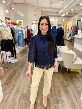 Navy Floral Eyelet Embroidery Detail Top