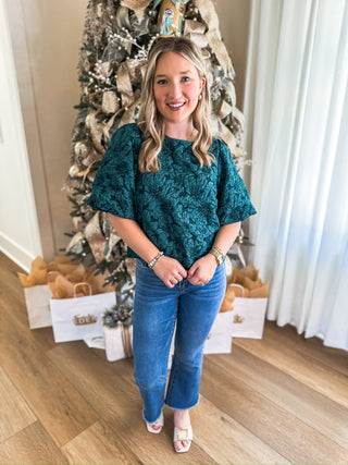 Hunter Green Runway Rose Jacquard Blouse