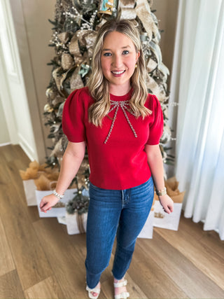 Red Glitz & Grace Beaded Crystal Bow Sweater