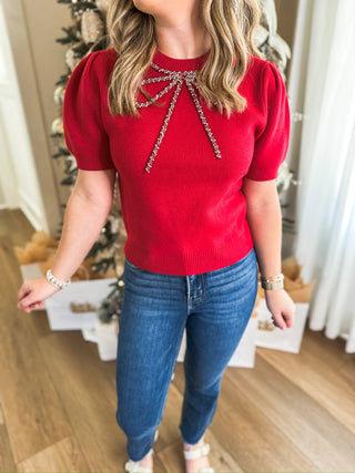 Red Glitz & Grace Beaded Crystal Bow Sweater