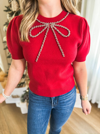 Red Glitz & Grace Beaded Crystal Bow Sweater
