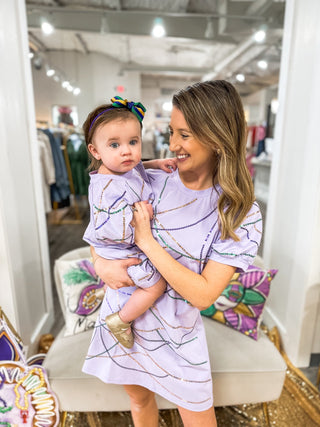 Adult Mardi Gras Beads Please Sequin Luxe Puff Sleeve Dress - Everyday EDEN Boutique & Gifts