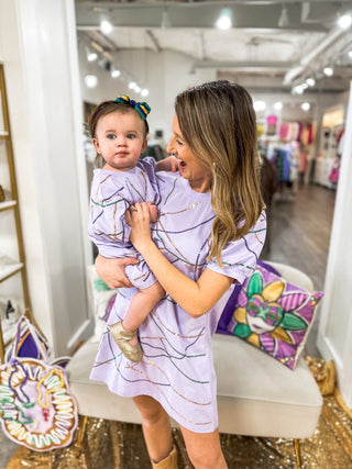 Adult Mardi Gras Beads Please Sequin Luxe Puff Sleeve Dress - Everyday EDEN Boutique & Gifts