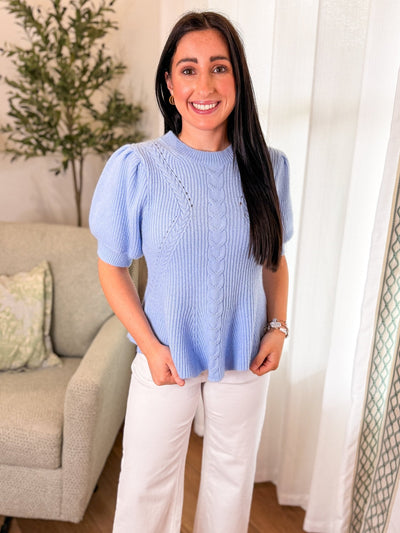 Baby Blue Flared Puff Sleeve Knit Top - Everyday EDEN Boutique & Gifts