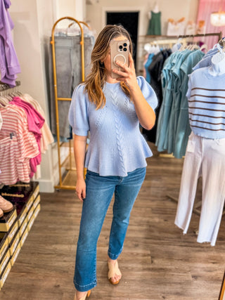 Baby Blue Flared Puff Sleeve Knit Top - Everyday EDEN Boutique & Gifts