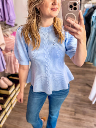 Baby Blue Flared Puff Sleeve Knit Top - Everyday EDEN Boutique & Gifts