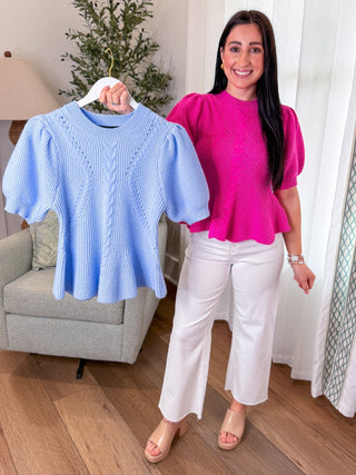Baby Blue Flared Puff Sleeve Knit Top - Everyday EDEN Boutique & Gifts