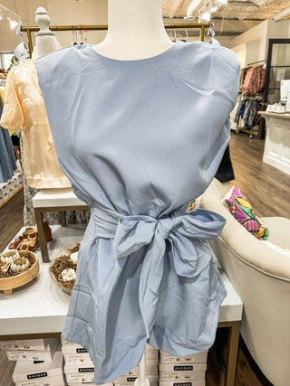 Baby Blue Padded Shoulder Bow Belted Romper - Everyday EDEN Boutique & Gifts