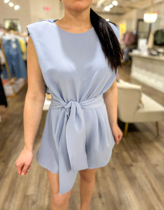 Baby Blue Padded Shoulder Bow Belted Romper - Everyday EDEN Boutique & Gifts