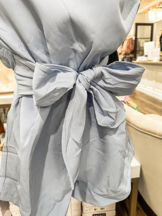 Baby Blue Padded Shoulder Bow Belted Romper - Everyday EDEN Boutique & Gifts