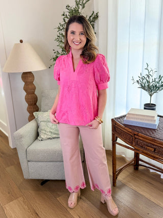 Baby Pink Sweet Steps Embroidered Hem Wide Leg Pants - Everyday EDEN Boutique & Gifts