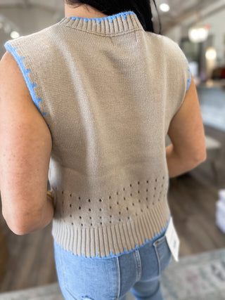 Beige & Blue Playful Trim Sweater Vest - Everyday EDEN Boutique & Gifts