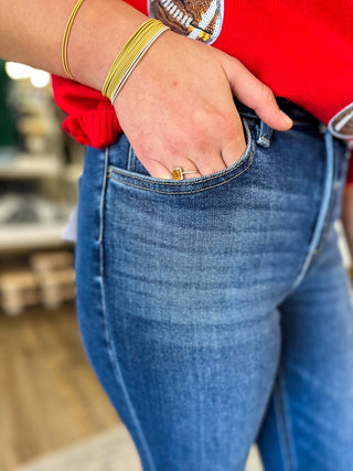 Bella Dark Wash High Rise Raw Step Hem Kick Flare Jeans - Everyday EDEN Boutique & Gifts