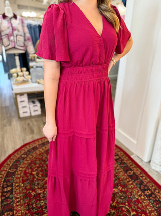 Berry Surplice Pintuck Tiered Woven Maxi Dress - Everyday EDEN Boutique & Gifts