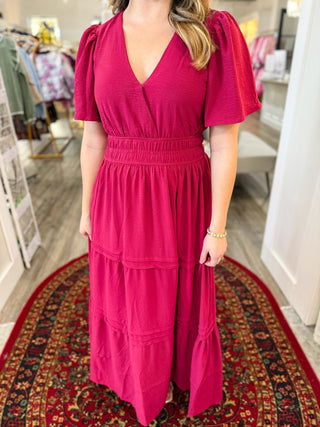 Berry Surplice Pintuck Tiered Woven Maxi Dress - Everyday EDEN Boutique & Gifts