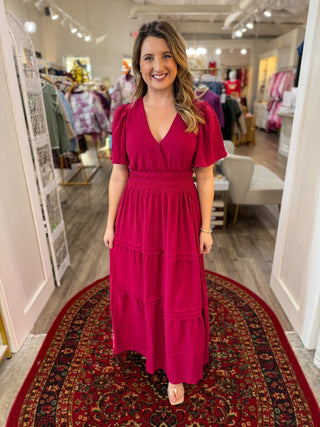 Berry Surplice Pintuck Tiered Woven Maxi Dress - Everyday EDEN Boutique & Gifts