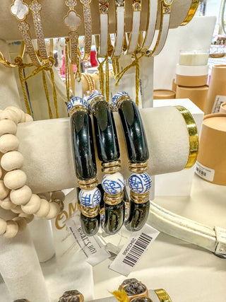 Black Acrylic Bamboo & Ceramic Ball Stretch Bracelet - Everyday EDEN Boutique & Gifts