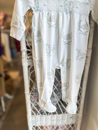 Blue Lamb Print Smocked Footie - Everyday EDEN Boutique & Gifts