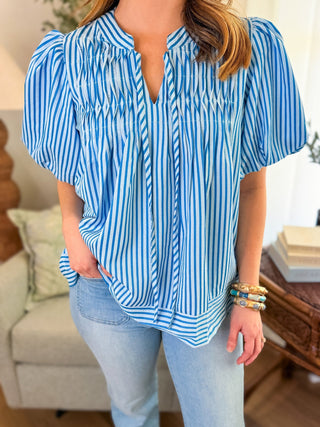 Blue Stripe Sweet Escape Puff Sleeve Top - Everyday EDEN Boutique & Gifts