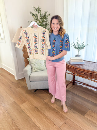 Blue Wildflower Lane Short Sleeve Sweater - Everyday EDEN Boutique & Gifts