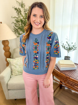 Blue Wildflower Lane Short Sleeve Sweater - Everyday EDEN Boutique & Gifts