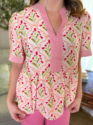 Blush/Pink Bloom & Stripe Peplum Top - Everyday EDEN Boutique & Gifts