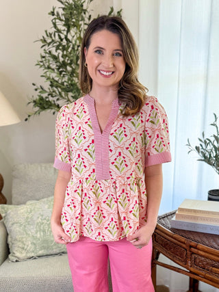 Blush/Pink Bloom & Stripe Peplum Top - Everyday EDEN Boutique & Gifts
