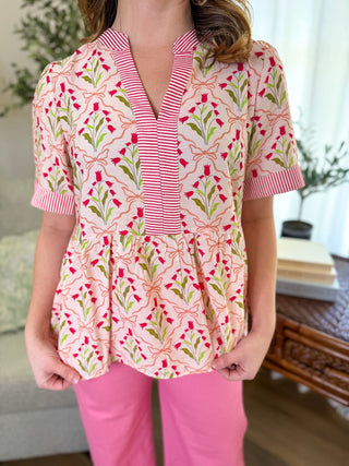 Blush/Pink Bloom & Stripe Peplum Top - Everyday EDEN Boutique & Gifts