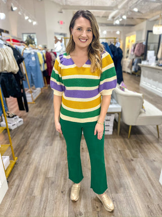 Bourbon Street Striped Puffy Sleeve V - Neck Sweater - Everyday EDEN Boutique & Gifts