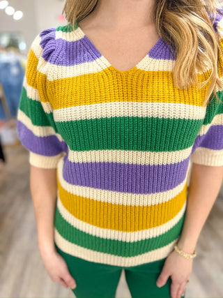 Bourbon Street Striped Puffy Sleeve V - Neck Sweater - Everyday EDEN Boutique & Gifts