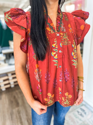 Brick Whimsy Blooms Button - Up Top - Everyday EDEN Boutique & Gifts