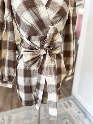 Brown Fireside Plaid Tie Mini Dress - Everyday EDEN Boutique & Gifts