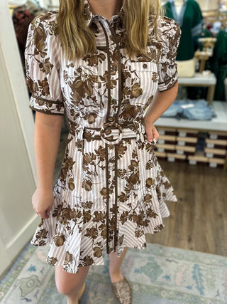 Brown Stripes & Stems Buttoned & Belted Mini Dress - Everyday EDEN Boutique & Gifts