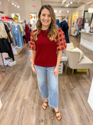 Burgundy Chainlink Mixed Media Ribbed Knit Top - Everyday EDEN Boutique & Gifts