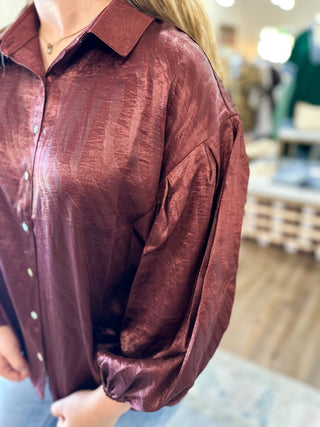 Burgundy Ever So Chic Collar Neck Button Down Long Sleeve Blouse - Everyday EDEN Boutique & Gifts