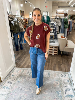 Burgundy Game Day Football Patch Sweater Top - Everyday EDEN Boutique & Gifts