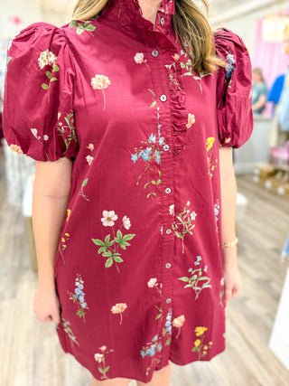 Burgundy Garden Stroll Ruffle Neck Mini Dress - Everyday EDEN Boutique & Gifts