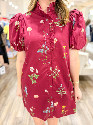 Burgundy Garden Stroll Ruffle Neck Mini Dress - Everyday EDEN Boutique & Gifts