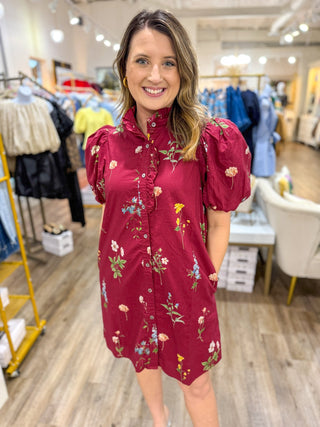 Burgundy Garden Stroll Ruffle Neck Mini Dress - Everyday EDEN Boutique & Gifts