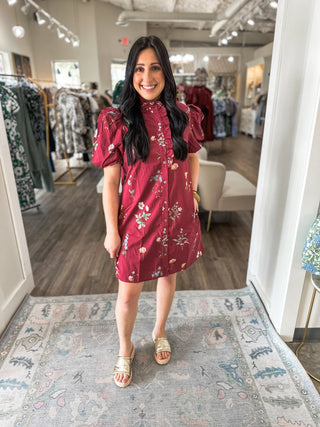 Burgundy Garden Stroll Ruffle Neck Mini Dress - Everyday EDEN Boutique & Gifts