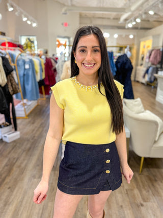 Butter Yellow Pearl Jeweled Neck Trim Top - Everyday EDEN Boutique & Gifts