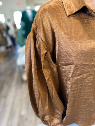 Camel Ever So Chic Collar Neck Button Down Long Sleeve Blouse - Everyday EDEN Boutique & Gifts