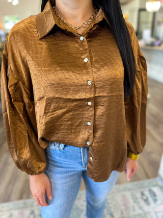 Camel Ever So Chic Collar Neck Button Down Long Sleeve Blouse - Everyday EDEN Boutique & Gifts