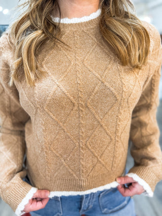 Camel Timeless Diamond Knit Long Sleeve Sweater - Everyday EDEN Boutique & Gifts